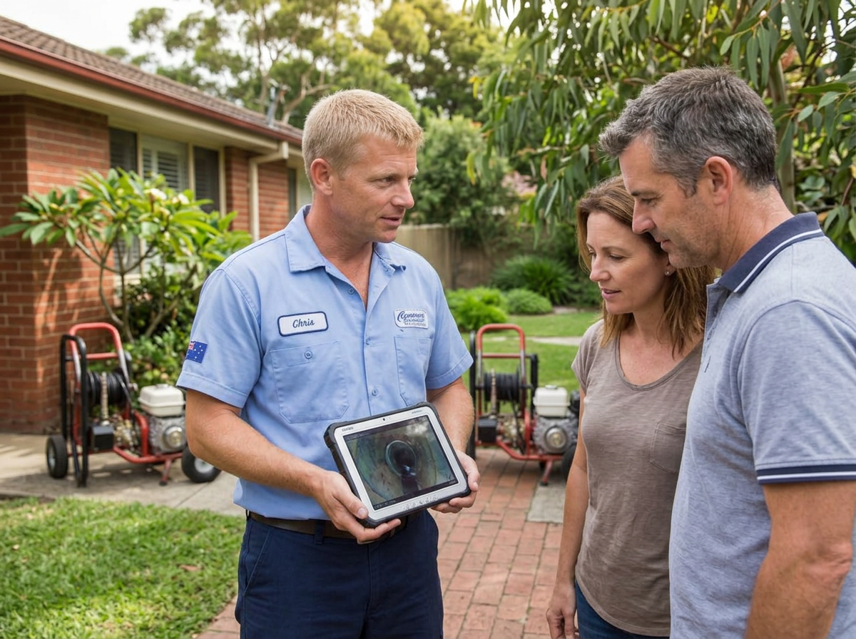 Drain plumber explaining CCTV inspection results to a homeowner